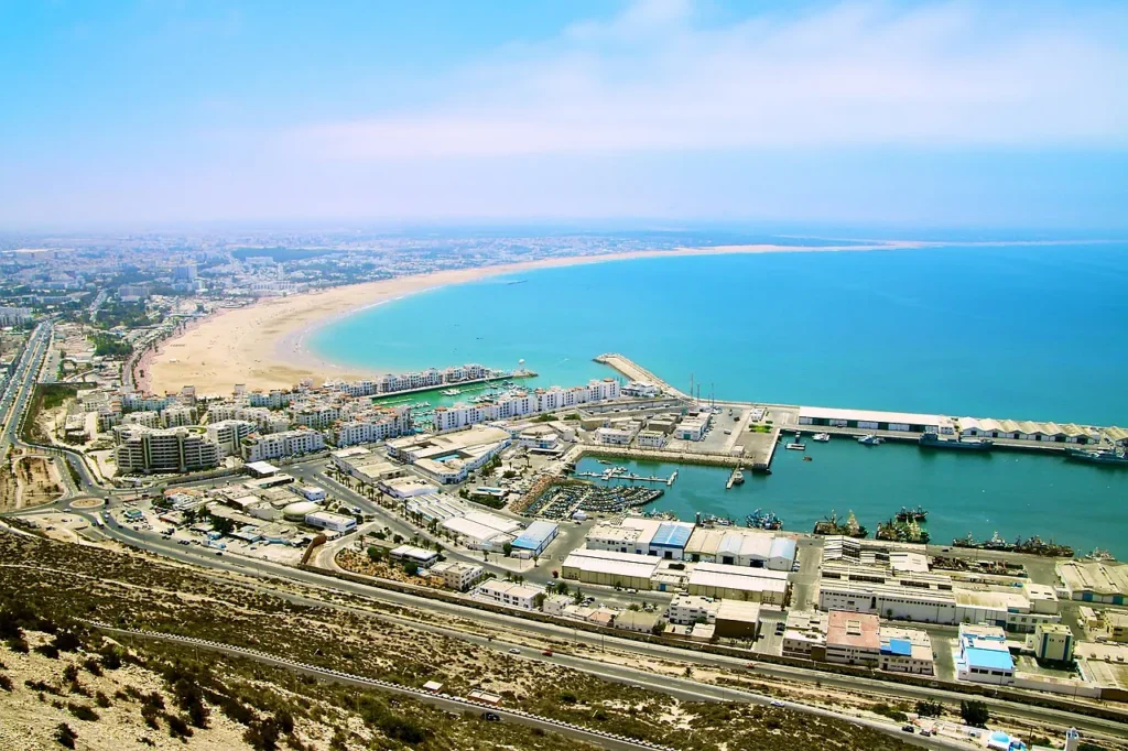 View of Agadir bay, the beach and the port from the Kasbah hill