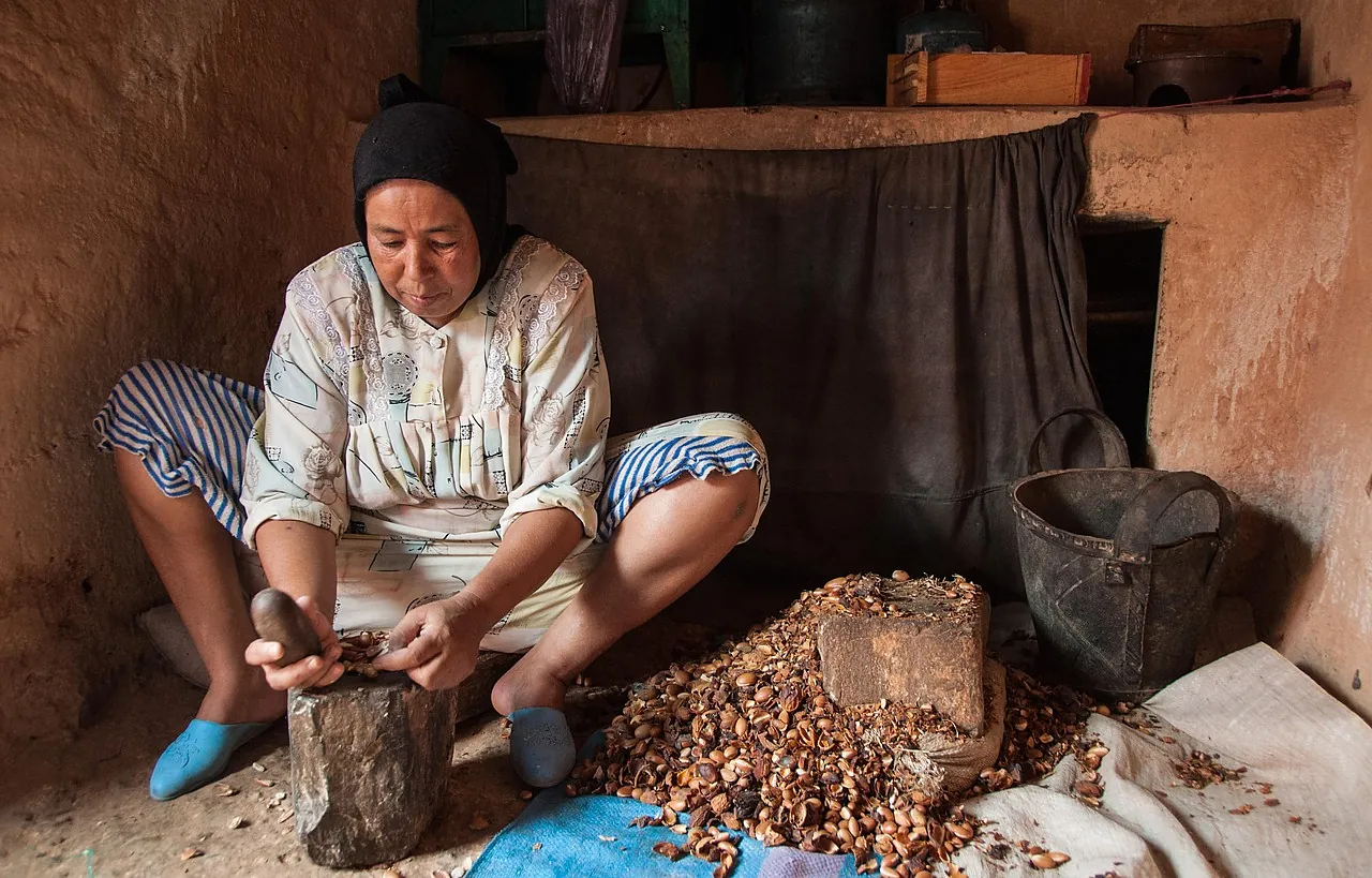 Woman cracking argan nuts by hand on a stone, with shells piled around her