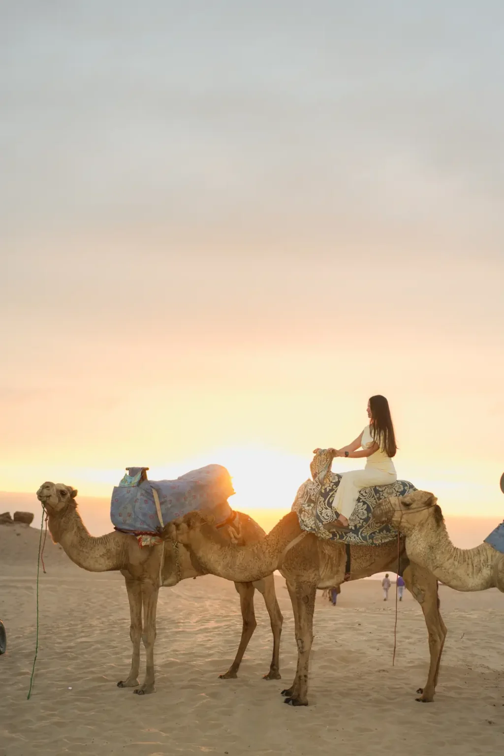 Camel caravan at sunset in the Timlalin dunes, with the sun on the horizon