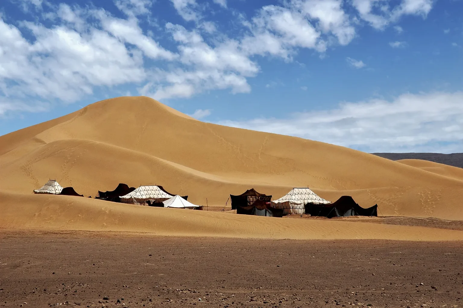 Desert camp tents at the foot of a large sand dune near M'Hamid El Ghizlane