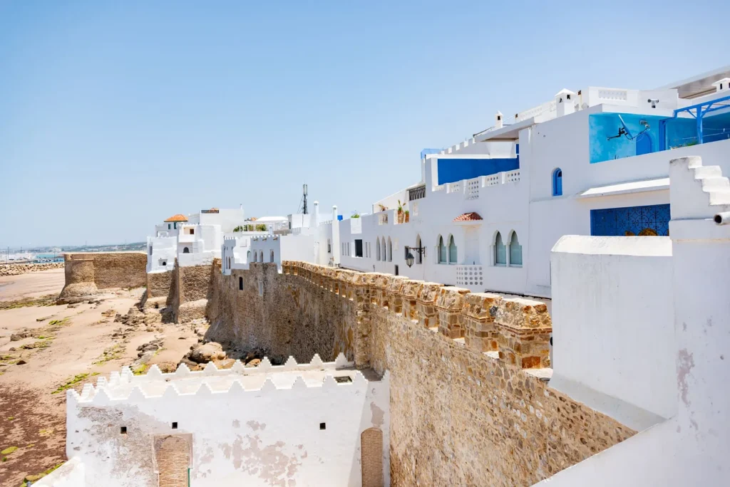 White houses of the Essaouira medina above the old sea wall