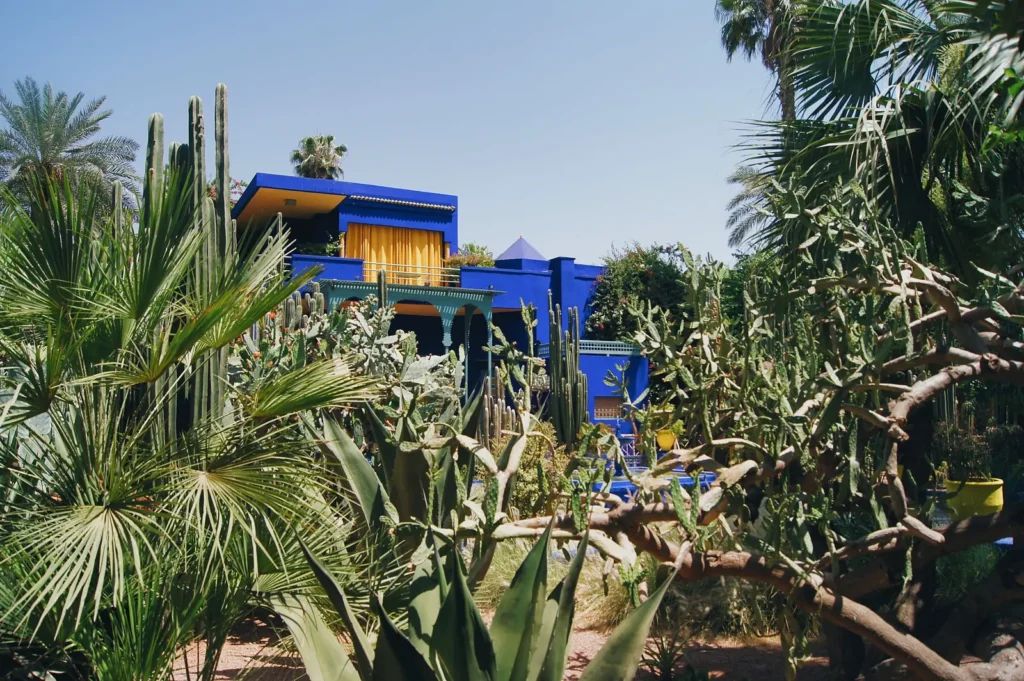 Blue villa and cactus garden of the Jardin Majorelle in Marrakech