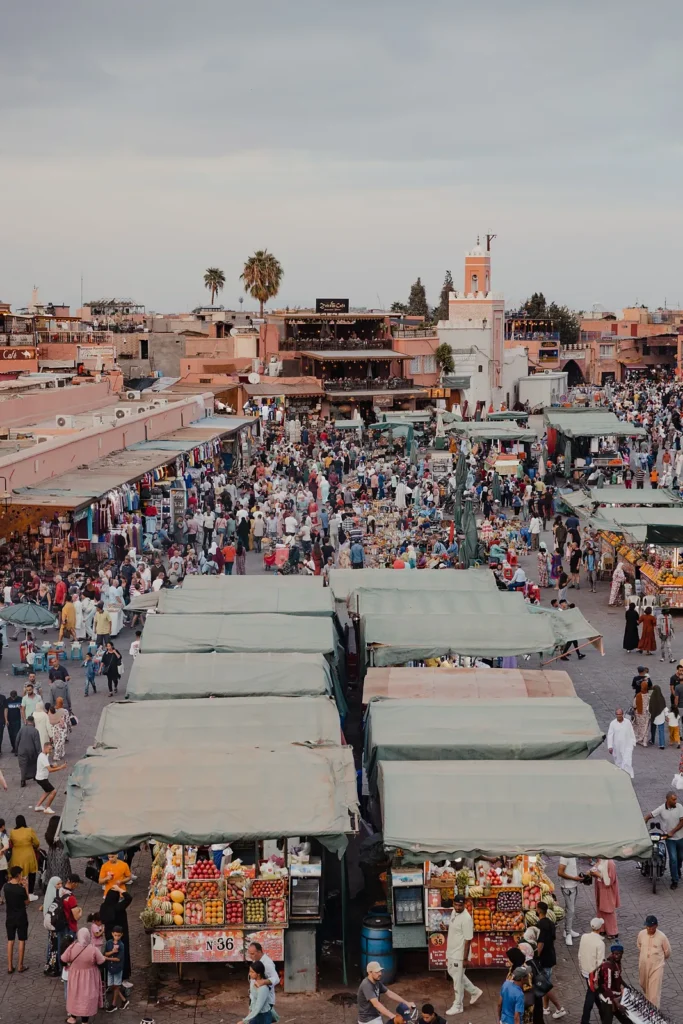 Aerial view of the food stalls and crowds of Jemaa el-Fnaa square