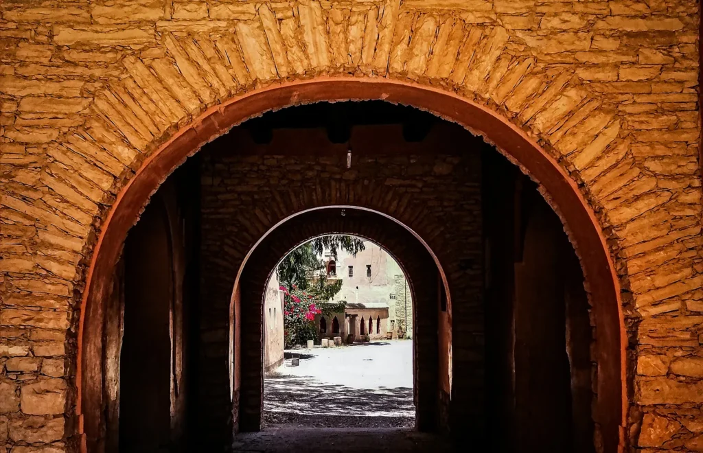 Brick archways leading through a passage inside the Medina of Agadir