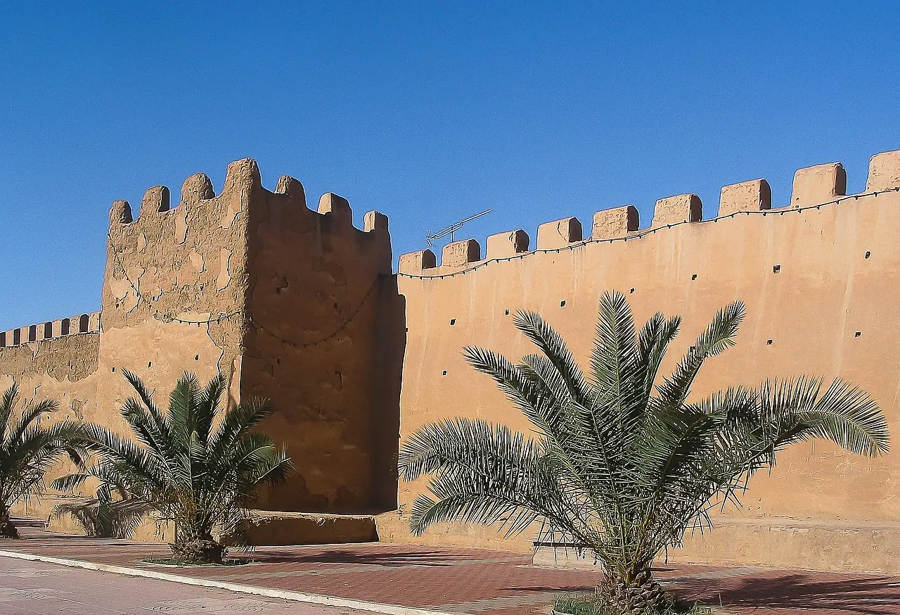 Crenellated ochre ramparts of Taroudant with palm trees in front